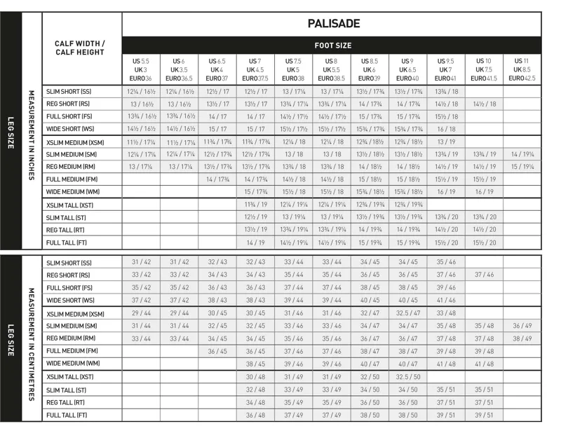 Ariat Palisade Size Chart